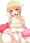  agrias_oaks bare_shoulders blonde_hair blush bow bow_panties breasts cameltoe chocolate cleavage final_fantasy final_fantasy_tactics heart highres huge_breasts long_hair looking_at_viewer micro_panties mouth_hold off-shoulder_sweater panties pocopoco ribbed_sweater sitting solo sweater underwear valentine white_panties yellow_eyes 