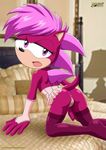  back_turned bottomless butt clothed clothing female hair half-dressed legwear mobius_unleashed palcomix purple purple_body purple_hair pussy sega solo sonia_the_hedgehog sonic_underground thigh_highs unknown_artist 