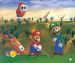  2boys 90s ball brothers desert fly_guy gloves golf golf_ball golf_club hat luigi mario mario_(series) mario_golf multiple_boys nintendo official_art overalls pyramid siblings super_mario_bros. 