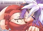  bottomless breasts chocolate cleavage covered_nipples food huge_breasts kuzuryuu_amane looking_at_viewer lying megami_ibunroku_devil_survivor mouth_hold no_bra on_side pocky purple_eyes purple_hair segami_daisuke solo sweat valentine 