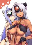  :p ahoge black_gloves blue_eyes blue_hair breasts brown_eyes choker dark_skin gloves headgear heart hijiri kos-mos kos-mos_ver._4 large_breasts long_hair multiple_girls ribbon_choker smile t-elos tongue tongue_out v xenosaga xenosaga_episode_iii 