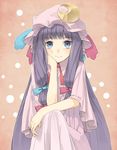  blue_eyes chin_rest crescent hat hayashi_kewi long_hair looking_at_viewer patchouli_knowledge purple_hair ribbon smile solo touhou 