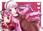  :d bow chocolate chocolate_heart hair_bow hair_ribbon hairband heart hood hood_down hooded_jacket jacket long_hair looking_at_viewer open_mouth original purple_eyes ribbon shitou silver_hair smile solo twintails valentine 