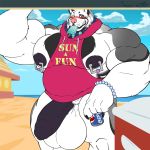  anthro balls beach big_balls big_penis blush bottomless canine clothed clothing dessert food half-erect huge_balls huge_muscles humanoid_penis ice_cream male mammal muscular muscular_male nipple_piercing nipples outside pecs penis piercing seaside siriusdog standing uncut vein 