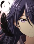  bangs black_feathers blurry close-up closed_mouth depth_of_field expressionless eyebrows_visible_through_hair face feathers gradient gradient_background kuroki_rei long_hair looking_at_viewer nori_tamago purple_eyes purple_hair red_background simple_background solo vividred_operation 