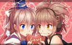  blue_eyes blush brown_eyes brown_hair chocolate chocolate_heart earmuffs eating hair_ribbon hat heart holding japanese_clothes kariginu letterboxed long_hair mononobe_no_futo multiple_girls open_mouth ponytail ribbon short_hair silver_hair spoken_heart spoken_sweatdrop sweatdrop tate_eboshi tears touhou toyosatomimi_no_miko wavy_mouth yetworldview_kaze 