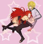  1boy 1girl black_legwear blonde_hair blue_eyes eyes_closed hair_ornament hairclip heart hug long_hair namikaze_minato naruto naruto_shippuuden red_hair smile thighhighs uzumaki_kushina very_long_hair warable 