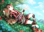  animal ankle_wrap anklet barefoot basket brown_hair bug butterfly deer dress feet flower food fruit gloves grass insect jewelry leg_warmers long_hair low_twintails lying nature nekozuki_yuki on_back original petals red_eyes sash shorts smile solo twintails wrist_wrap 