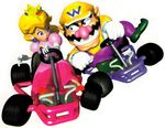  1boy 1girl car crown dress facial_hair hat mario_(series) mario_kart mario_kart_64 motor_vehicle mustache nintendo official_art overalls princess_peach simple_background super_mario_bros. vehicle wario 