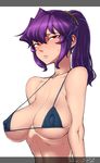  bad_id bad_pixiv_id bare_shoulders bikini blush breasts covered_nipples error highres large_breasts long_hair ponytail purple_hair red_eyes simple_background solo space_jin strap_gap sweat swimsuit touhou white_background yasaka_kanako 