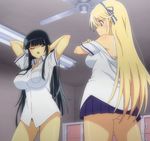  2girls ass black_hair blonde_hair breasts highres hime_cut ikaruga_(senran_kagura) katsuragi_(senran_kagura) large_breasts multiple_girls screencap senran_kagura senran_kagura_(series) stitched undressing wink 