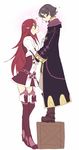  1girl armor bad_id bad_pixiv_id blush boots box fire_emblem fire_emblem:_kakusei garter_straps gauntlets height_difference hijiri_(resetter) long_hair male_my_unit_(fire_emblem:_kakusei) my_unit_(fire_emblem:_kakusei) on_box red_hair robe skirt smile standing_on_object thigh_boots thighhighs tiamo 