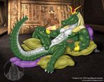  anthro balls biceps big_muscles crocodile crown deity egyptian goblet green_skin kaa_(artist) looking_at_viewer lying male muscles nipples nude pecs penis pillow pose reclining reptile scales scalie sobek solo 