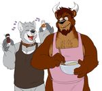  beard biceps bices bovine brown_fur brown_hair canine cattle chest_tuft claws clothing cooking cute duo eyes_closed facial_hair fangs fur grey_claws grey_fur hair happy male mammal muscles nipples notes open_mouth shirt tank_top teeth tuft vasuki white_fur wolf 