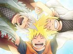  3boys :d blonde_hair danko00 eyes_closed from_below grin jiraiya male male_focus multiple_boys namikaze_minato naruto open_mouth sky smile uzumaki_naruto white_hair 