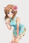  bare_shoulders blue_eyes bracelet china_dress chinese_clothes dress finger_to_mouth flower grey_background hair_flower hair_ornament higurashi_no_naku_koro_ni jewelry leaning_forward looking_at_viewer orange_hair ryuuguu_rena short_hair side_slit simple_background solo standing thigh_gap thighs yachiwo 