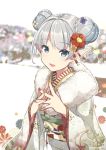  1girl absurdres anotherxalice blue_eyes double_bun flower furisode hair_flower hair_ornament happy_new_year highres japanese_clothes kimono looking_at_viewer nail_polish new_year nyasunyadoora pointy_ears silver_hair smile solo 