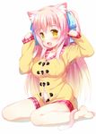  :d animal_ear_fluff animal_ears barefoot blush borrowed_character breasts cat_ears cat_tail fang full_body medium_breasts meito_(maze) open_mouth original paw_pose pink_hair shia_flatpaddy sitting smile solo tail toggles wariza yellow_eyes 