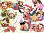  3boys atom_(@tom) backwards_hat bad_id bad_pixiv_id baseball_cap black_hair blonde_hair blue_eyes blue_hair blush bow crystal_(pokemon) cue_stick earrings emerald_(pokemon) goggles goggles_on_head gold_(pokemon) grin hat hat_bow hat_ribbon jewelry multiple_boys overalls pokemon pokemon_special red_hair ribbon silver_(pokemon) smile sweatdrop thighhighs twintails vest white_legwear yellow_eyes 