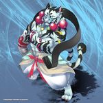  biceps black_fur blue_eyes claws clothed clothing feline flexing fur gompriest half-dressed jewelry male mammal muscles necklace pecs smile solo striped_fur tiger topless white_fur 