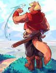  avian bandage belt biceps bicepts bird black_nose blonde_hair brown_fur canine clothing fur hair jaryl jaryl_(character) male mammal muscles orange_fur red_eyes scar solo super-tuler sword weapon wolf 