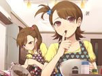  apron bowl brown_eyes brown_hair chocolate finger_to_mouth flipped_hair futami_ami futami_mami hair_ornament heart heart_hair_ornament heart_print hitoto idolmaster idolmaster_(classic) long_hair md5_mismatch mixing_bowl multiple_girls short_hair siblings side_ponytail sisters skull squiggle sweat symbol-shaped_pupils tasting twins whisk 