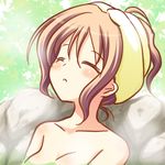  blush brown_hair closed_eyes copyright_request lowres nude onsen solo upper_body yuyi 