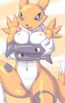  1girl apostle black_sclera blue_eyes blush breasts digimon digimon_tamers furry large large_breasts navel nipples open_mouth pussy renamon shy tail thighs yin_yang 