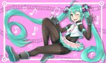  ahoge bodystocking bodysuit fingerless_gloves gloves green_eyes green_hair hatsune_miku j_(shining-next) long_hair midriff musical_note necktie one_eye_closed pantyhose shiny shiny_clothes skirt solo thighband_pantyhose twintails very_long_hair vocaloid 