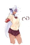  alternate_costume blue_eyes blush box chocolate cowboy_shot cropped_legs cyborg dark_skin heart-shaped_box helmet incoming_gift negresco school_uniform skirt solo sweater t-elos tsundere valentine white_hair xenosaga 