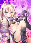  animal_ears black_hair blonde_hair blue_eyes breasts cat_ears cat_tail chabaneko chibi cleavage halter_top halterneck highres legs medium_breasts miyaa_mia miyaa_rao multiple_girls no_bra o_o original purple_scarf scarf short_shorts shorts tail underboob zoom_layer 