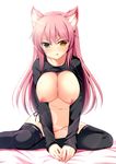  :p animal_ears blush bottomless breasts cat_ears green_eyes heterochromia huge_breasts koneko_(nonnkimono) long_hair naughty_face navel nipples no_bra original pink_hair shirt_lift sitting solo thighhighs tongue tongue_out yellow_eyes 