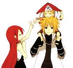  1girl 2boys blonde_hair blue_eyes cape child eyes_closed grin hat long_hair multiple_boys namikaze_minato naruto naruto_shippuuden red_hair smile uzumaki_kushina uzumaki_naruto v very_long_hair 