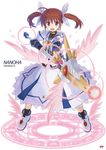  boots brown_hair dress fingerless_gloves gloves glowing highres lyrical_nanoha magic_circle magical_girl mahou_shoujo_lyrical_nanoha mahou_shoujo_lyrical_nanoha_a's mahou_shoujo_lyrical_nanoha_the_movie_2nd_a's npcpepper purple_eyes raising_heart short_twintails smile solo staff takamachi_nanoha twintails wings 