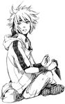  1boy indian_style jacket kunai looking_at_viewer male male_focus monochrome namikaze_minato naruto sitting solo terragin weapon young younger 