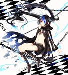 bad_id bad_pixiv_id belt bikini_top black_hair black_rock_shooter black_rock_shooter_(character) blue_eyes boots burning_eye chain checkered covering_mouth front-tie_top groin highres jacket kishi_naon long_hair navel scar shorts solo star stitches torn_clothes twintails 
