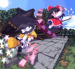  bad_id bad_pixiv_id battle blonde_hair broom broom_riding duel gohei hakurei_reimu hakurei_shrine kirisame_marisa kou_2008 multiple_girls ofuda pixel_art shrine star sun touhou tree 