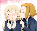  blonde_hair blowing blush brown_hair closed_eyes hairband hand_on_shoulder k-on! kiss kotobuki_tsumugi long_hair multiple_girls o3o open_mouth profile ribbon school_uniform short_hair tainaka_ritsu ueyama_michirou upper_body 