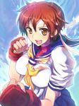  aura bad_id bad_pixiv_id blue_sailor_collar breasts brown_eyes brown_hair enomoto_hidehira gloves headband kasugano_sakura large_breasts sailor_collar school_uniform short_hair solo street_fighter 