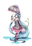  aqua_eyes aqua_hair boots bouquet dress flower gloves hatsune_miku head_tilt high_heels highres hoshino_yuuri knee_boots long_hair shoes solo umbrella very_long_hair vocaloid water 