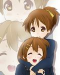  brown_eyes brown_hair closed_eyes derivative_work highres hirasawa_ui hirasawa_yui hug k-on! multiple_girls o-de ponytail school_uniform short_hair siblings sisters zoom_layer 