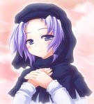  face hands_on_own_chest hands_together hood kumoi_ichirin lavender_hair looking_at_viewer nagana_sayui own_hands_together purple_eyes purple_hair short_hair smile solo touhou 