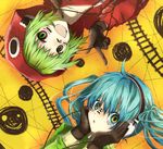  ahoge aqua_eyes aqua_hair bad_id bad_pixiv_id green_eyes green_hair gumi hatsune_miku headphones hood hoodie long_hair matryoshka_(vocaloid) multicolored multicolored_eyes multiple_girls red_eyes short_hair smile utaori vocaloid yellow_eyes 