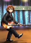  back_to_the_future brown_eyes brown_hair cosplay diesel-turbo engrish formal gibson guitar hair_ornament hairclip hirasawa_yui instrument k-on! marty_mcfly marty_mcfly_(cosplay) necktie parody ranguage short_hair solo stage suit 