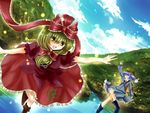  backpack bag blue_eyes blue_hair boots bow breasts dress front_ponytail green_eyes green_hair hair_bobbles hair_bow hair_ornament hair_ribbon hat highres kagiyama_hina kawashiro_nitori key large_breasts miyakure multiple_girls ribbon river touhou tree two_side_up water 