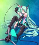  aqua_nails cable colorized detached_sleeves foreshortening hatsune_miku highres legs long_hair microphone microphone_stand nail_polish necktie sitting skirt solo thighhighs tsukumo twintails vocaloid 