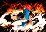  clothes_writing fire green_eyes inazuma_eleven inazuma_eleven_(series) jumping kiyama_hiroto male_focus red_hair shinji soccer_uniform solo sportswear 