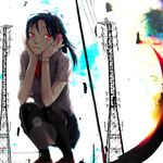  bad_id bad_pixiv_id from_below headphones nimirom original power_lines red_eyes solo squatting thighhighs zettai_ryouiki 