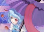  blue_eyes blue_hair heterochromia karakasa_obake mike_(hinemosuk) purple_umbrella red_eyes short_hair solo tatara_kogasa tongue touhou umbrella 