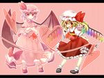  bat_wings blonde_hair blush bobby_socks collaboration crossed_arms fang flandre_scarlet glowing glowing_wings hand_on_own_face hands hat heart highres lavender_hair letterboxed long_skirt mary_janes mugura multiple_girls pasutel red_eyes red_skirt remilia_scarlet shoes short_hair siblings sisters skirt smile socks striped striped_background touhou wallpaper wings 
